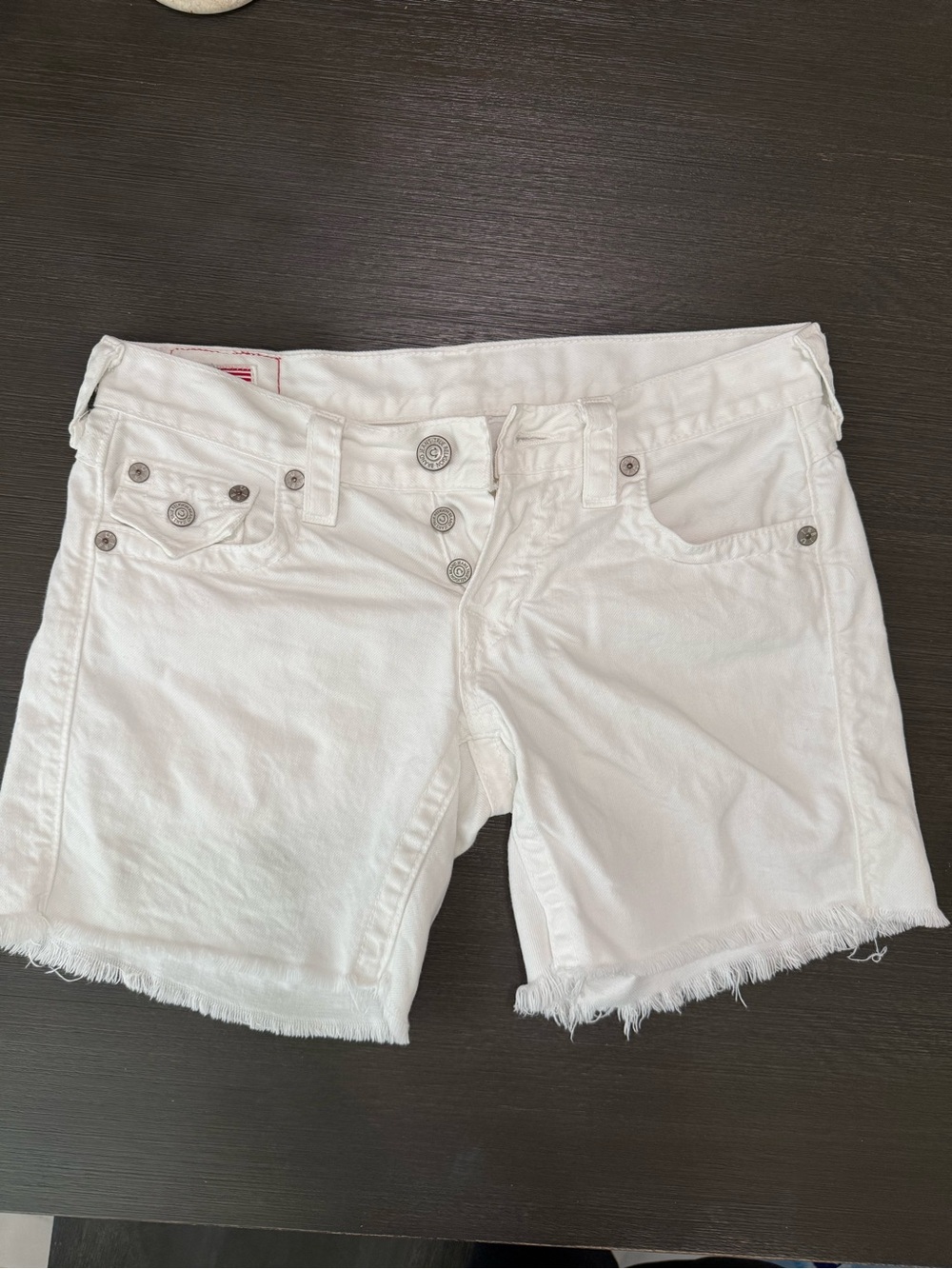 True Religion White Denim Frayed Hem Shorts